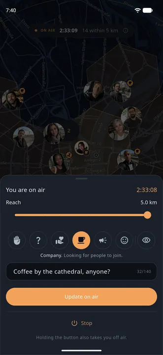 The on-air sheet in the app: one line, &ldquo;Coffee by the cathedral, anyone?&rdquo;, a reach of 5 km and the time left on air.
