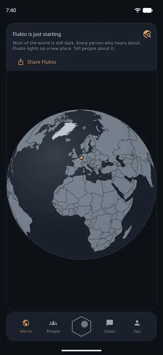 The World tab in the app: the globe with a warm spot over Germany, and the note that Flukto is just starting.